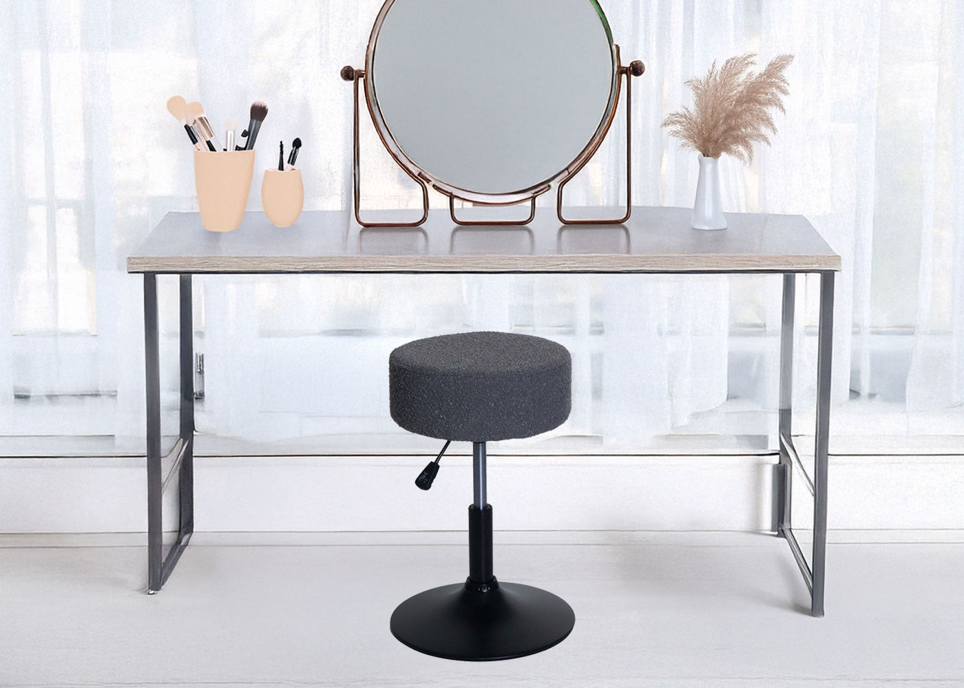 Cosmo Casa - Make-up Kruk - In Hoogte Verstelbaar & Draaibaar - Boucle Stof - Crèmewit