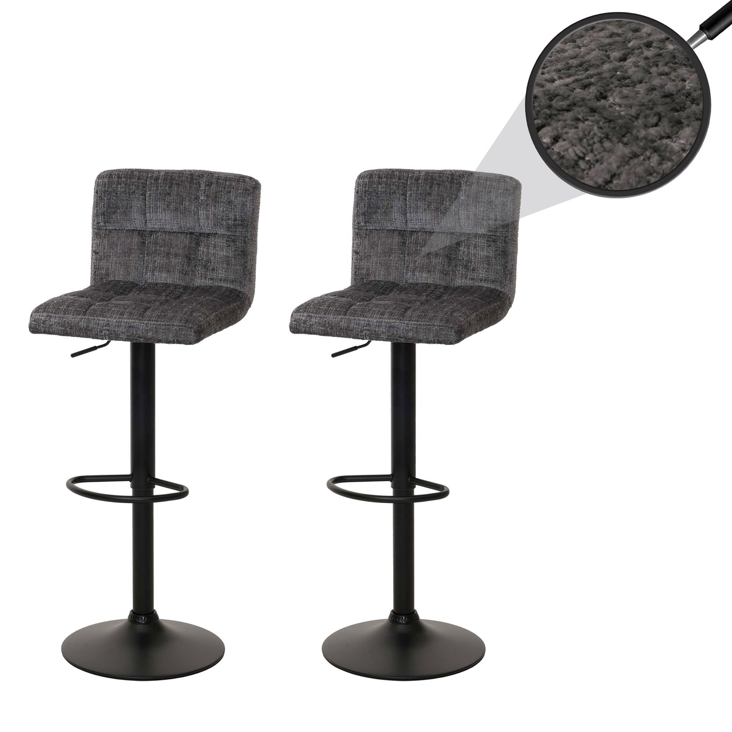 Cosmo Casa - Set van 2 Barkrukken - Barstoel - In Hoogte Verstelbaar & Draaibaar - Chenille Stof - Donkergrijs