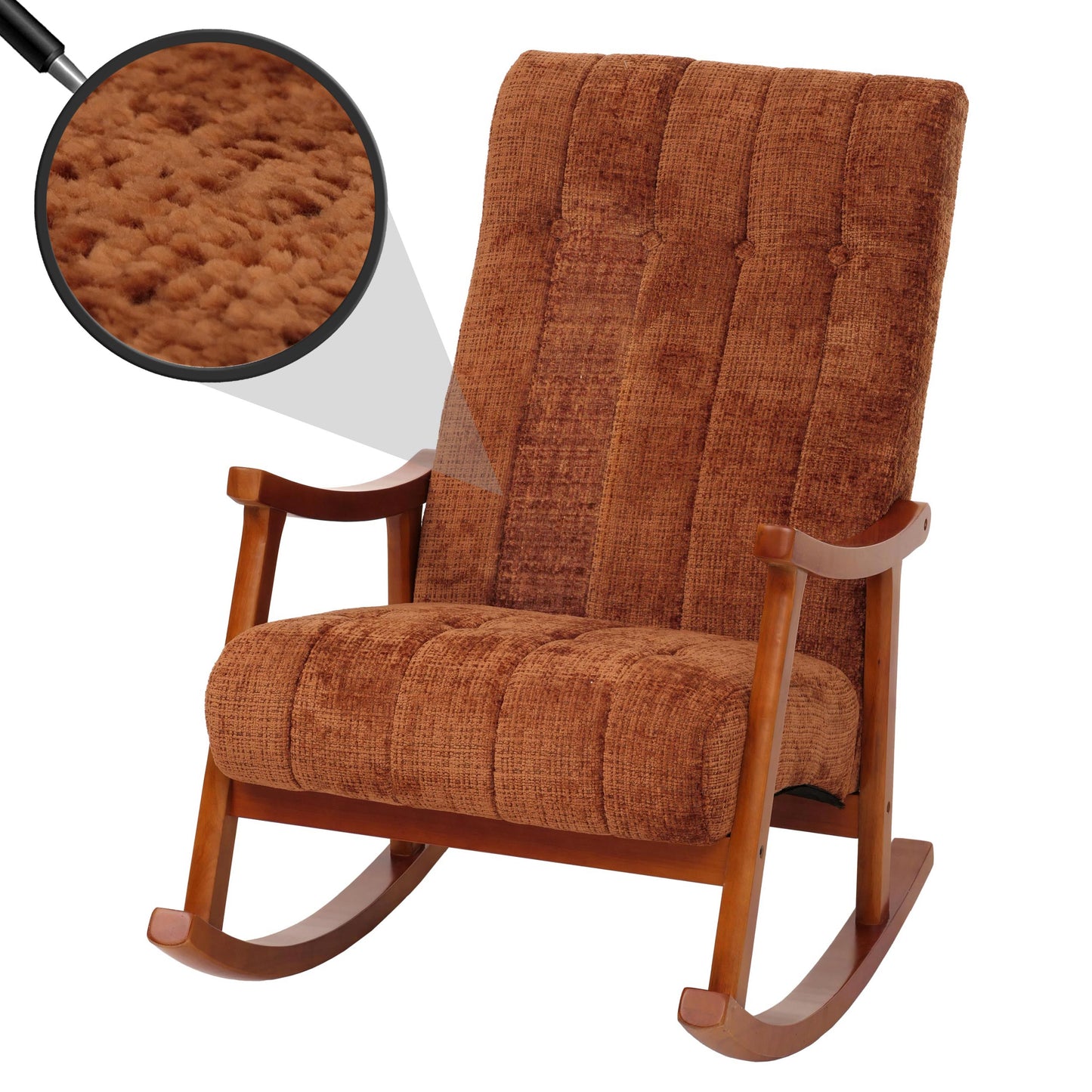 Cosmo Casa - Schommelstoel - Relaxstoel - Hout - FSC Gecertificeerd - Stoftextiel Chenille - 465gm - Terracotta - Frame Walnootlook
