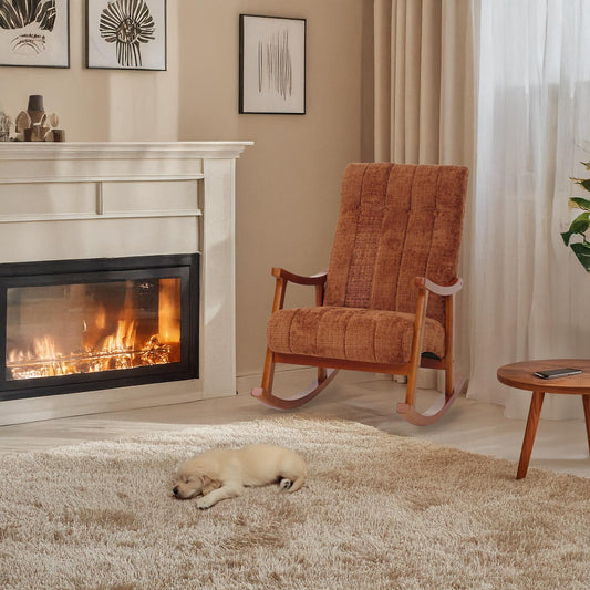 Cosmo Casa - Schommelstoel - Relaxstoel - Hout - FSC Gecertificeerd - Stoftextiel Chenille - 465gm - Terracotta - Frame Walnootlook