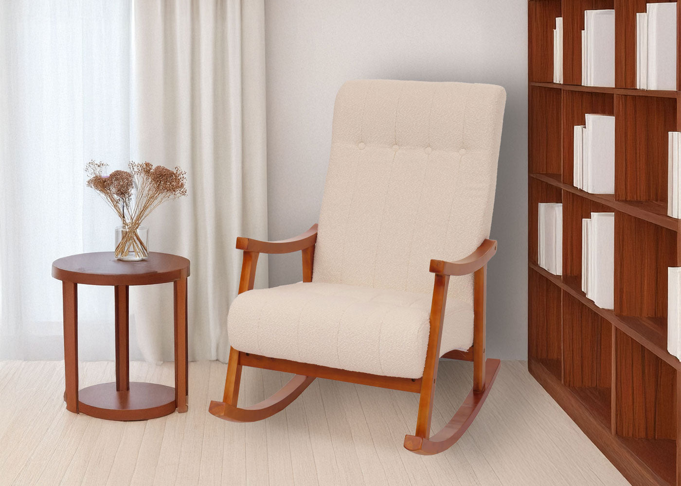 Cosmo Casa - Schommelstoel - Relaxstoel - Hout - FSC Gecertificeerd - Stoftextiel Bouclé - 450gm - Crème - Frame Walnootlook