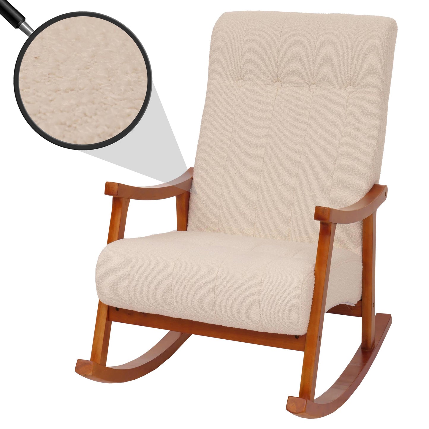 Cosmo Casa - Schommelstoel - Relaxstoel - Hout - FSC Gecertificeerd - Stoftextiel Bouclé - 450gm - Crème - Frame Walnootlook