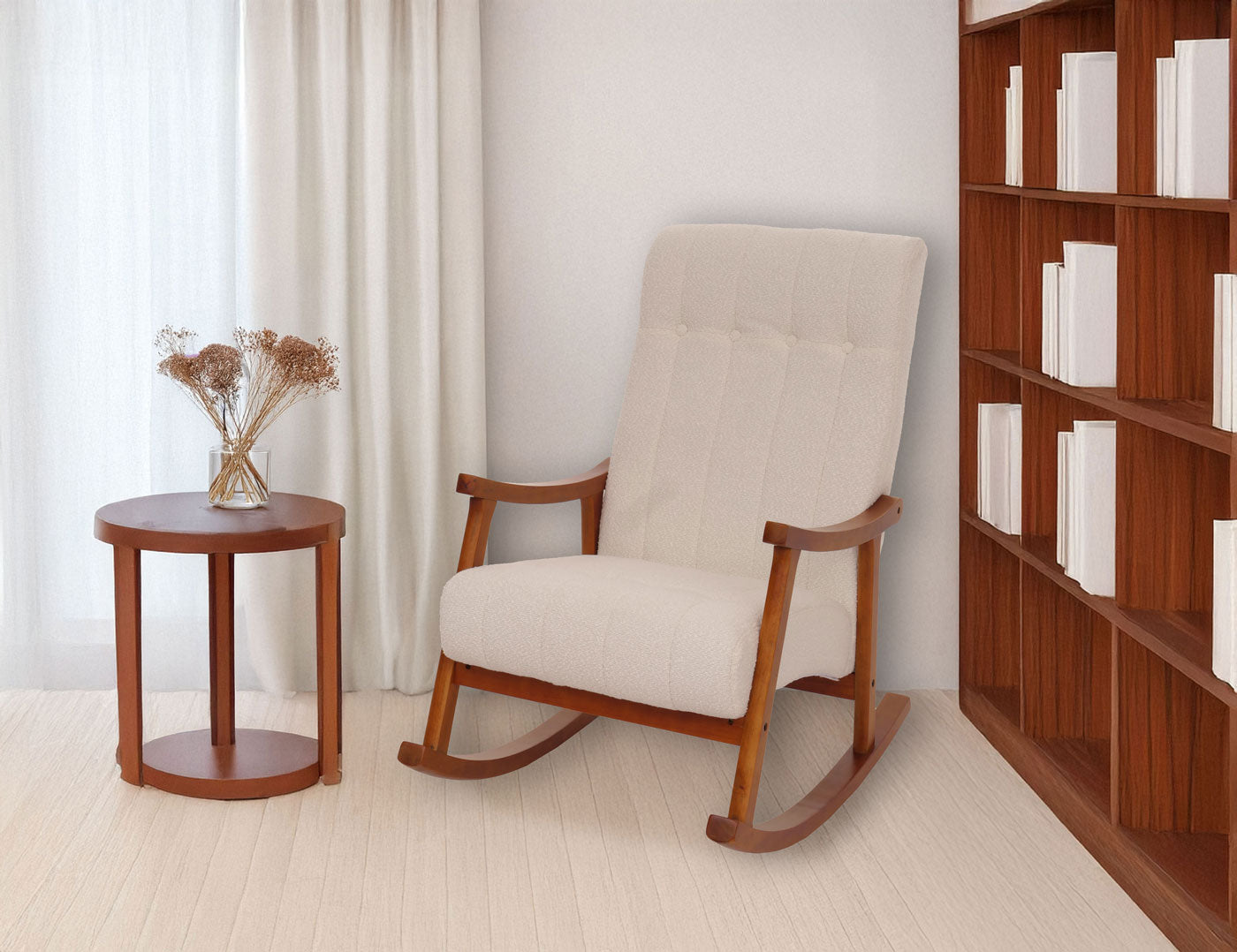 Cosmo Casa - Schommelstoel - Relaxstoel - Hout - FSC Gecertificeerd - Stoftextiel Bouclé - 450gm - Beige - Frame Walnootlook