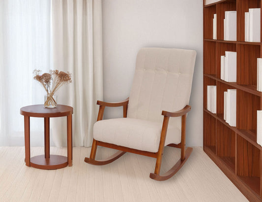 Cosmo Casa - Schommelstoel - Relaxstoel - Hout - FSC Gecertificeerd - Stoftextiel Bouclé - 450gm - Beige - Frame Walnootlook