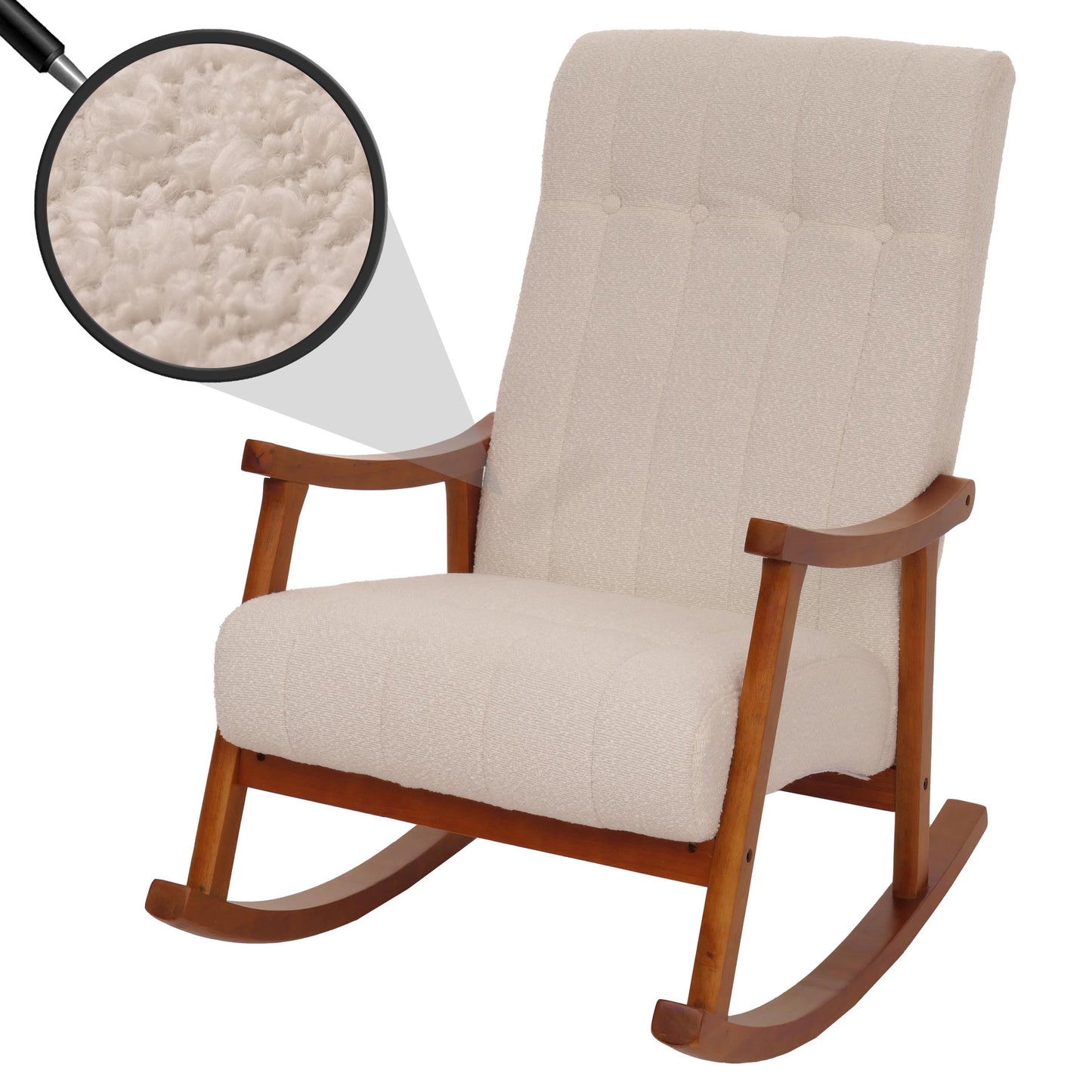 Cosmo Casa - Schommelstoel - Relaxstoel - Hout - FSC Gecertificeerd - Stoftextiel Bouclé - 450gm - Beige - Frame Walnootlook