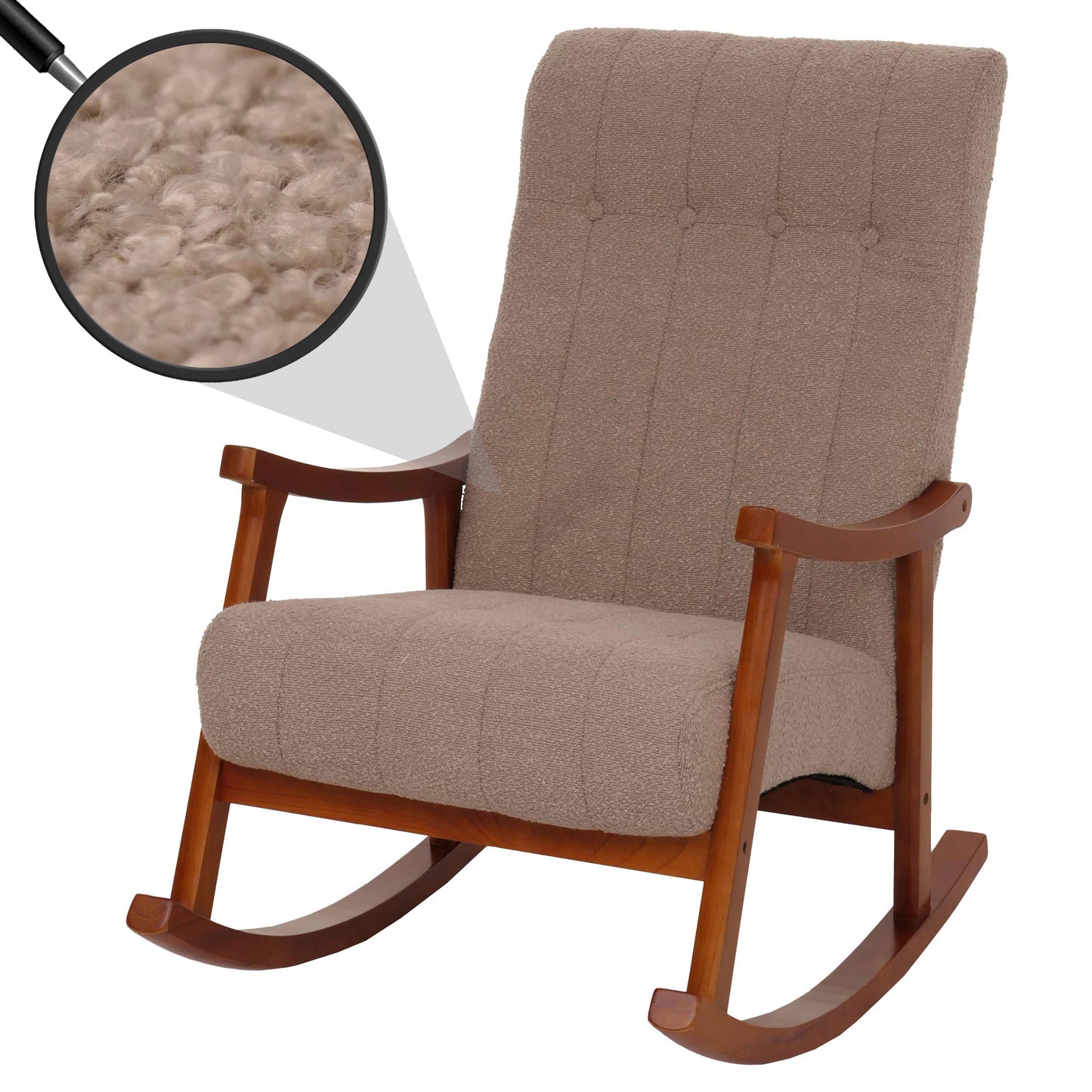 Cosmo Casa - Schommelstoel - Relaxstoel - Hout - FSC Gecertificeerd - Stoftextiel Bouclé - 450gm - Taupe - Frame Walnootlook