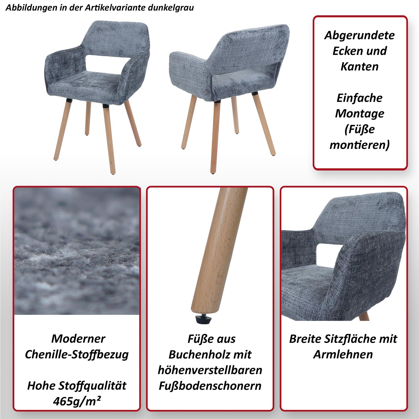 Cosmo Casa - Eetkamerstoel - Keukenstoel - Gestoffeerde Stoel - Hout - Stoftextiel Chenille - 465gm - FSC - Bordeaux