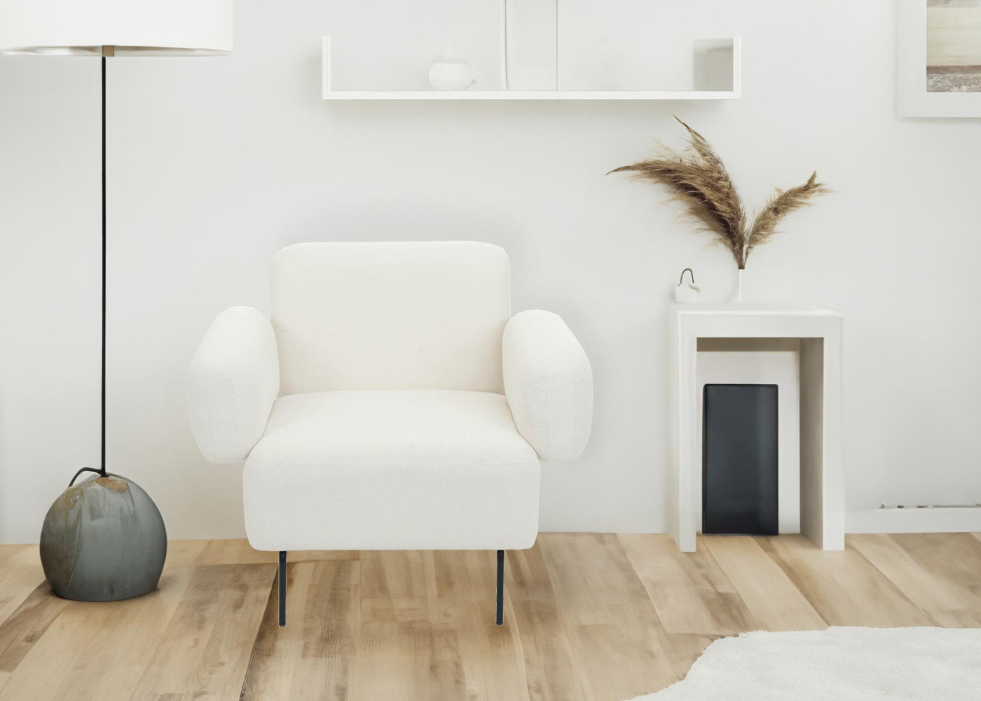 Cosmo Casa - Loungestoel - Cocktailstoel - Gestoffeerde Stoel - Bouclé Stof - Metaal - Crème Wit