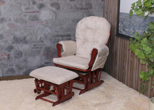 Cosmo Casa - Relaxstoel met Kruk - Schommelstoel - Chenille Stof - Crème - Donker Frame