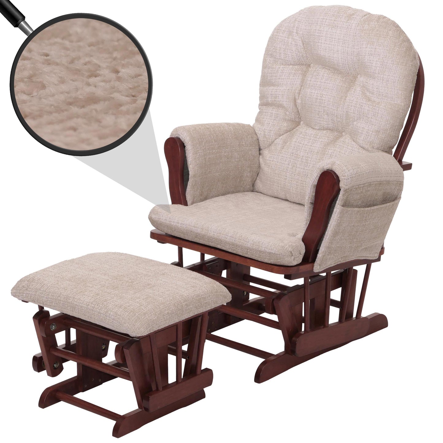 Cosmo Casa - Relaxstoel met Kruk - Schommelstoel - Chenille Stof - Crème - Donker Frame