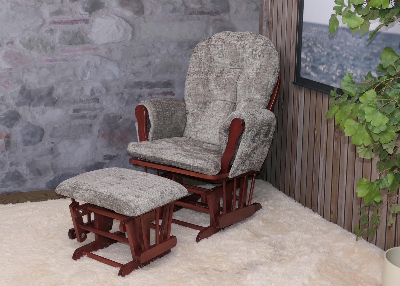 Cosmo Casa - Relaxstoel met Kruk - Schommelstoel - Chenille Stof - Lichtgrijs - Donker Frame