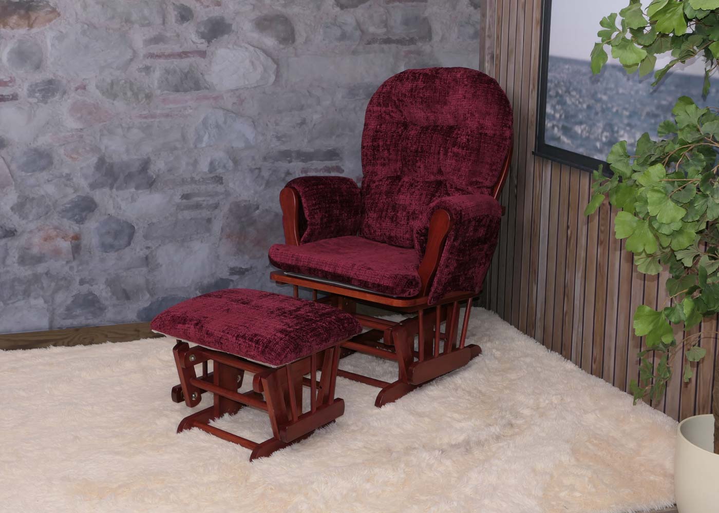 Cosmo Casa - Relaxstoel met Kruk - Schommelstoel - Chenille Stof - Bordeaux - Donker Frame