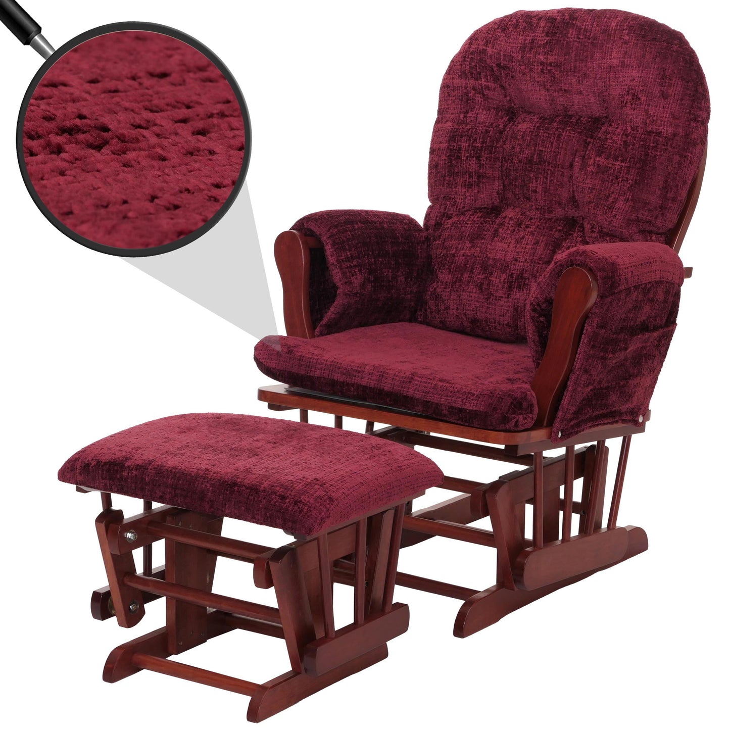 Cosmo Casa - Relaxstoel met Kruk - Schommelstoel - Chenille Stof - Bordeaux - Donker Frame