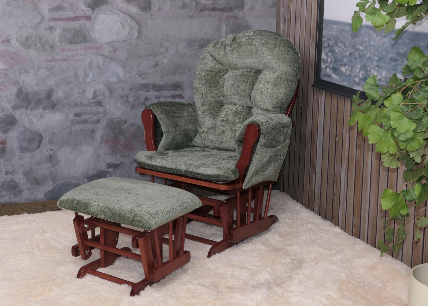 Cosmo Casa - Relaxstoel met Kruk - Schommelstoel - Chenille Stof - Groen - Donker Frame