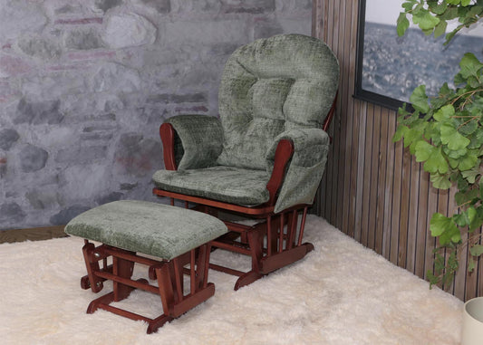 Cosmo Casa - Relaxstoel met Kruk - Schommelstoel - Chenille Stof - Groen - Donker Frame