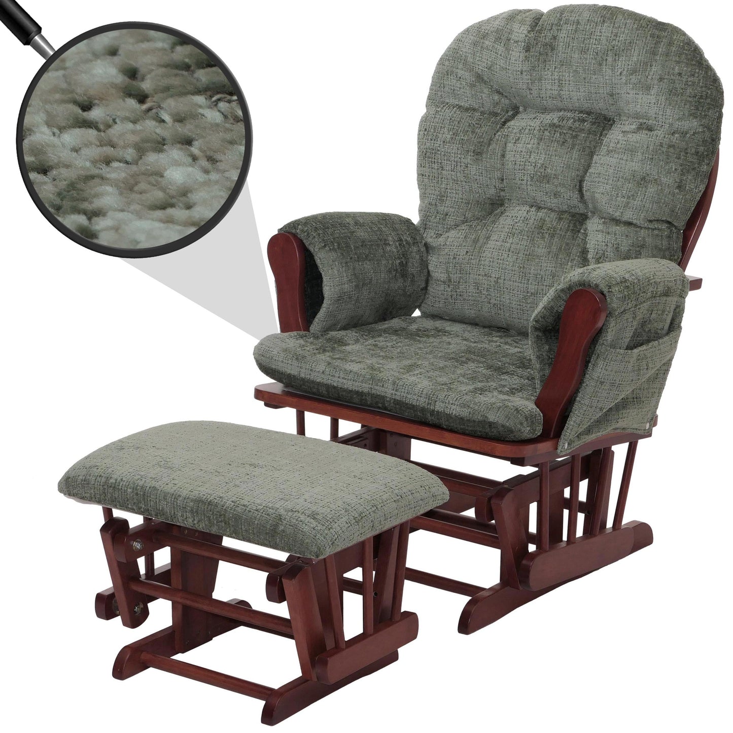 Cosmo Casa - Relaxstoel met Kruk - Schommelstoel - Chenille Stof - Groen - Donker Frame