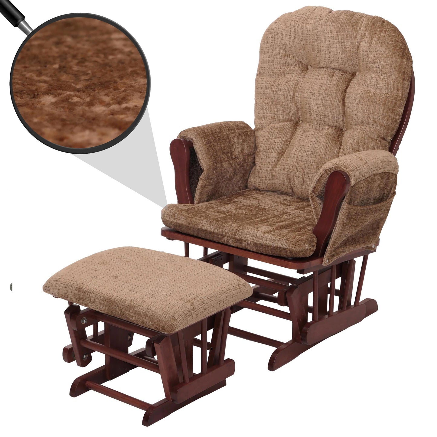 Cosmo Casa - Relaxstoel met Kruk - Schommelstoel - Chenille Stof - Lichtbruin - Donker Frame