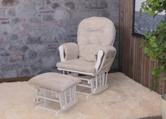 Cosmo Casa - Relaxstoel met Kruk - Schommelstoel - Chenille Stof - Crème - Wit Frame