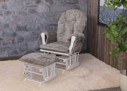 Cosmo Casa - Relaxstoel met Kruk - Schommelstoel - Chenille Stof - Lichtgrijs - Wit Frame