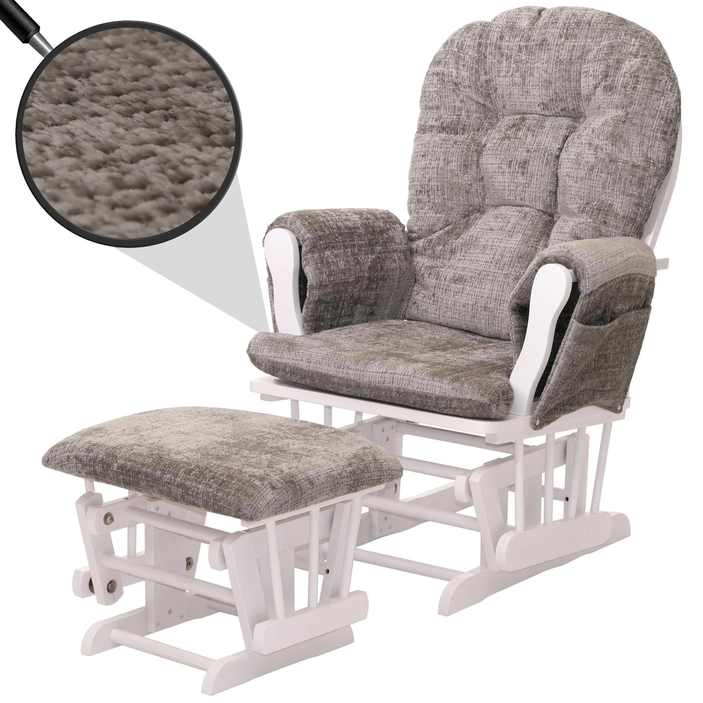 Cosmo Casa - Relaxstoel met Kruk - Schommelstoel - Chenille Stof - Lichtgrijs - Wit Frame