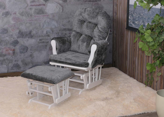 Cosmo Casa - Relaxstoel met Kruk - Schommelstoel - Chenille Stof - Donkergrijs - Wit Frame