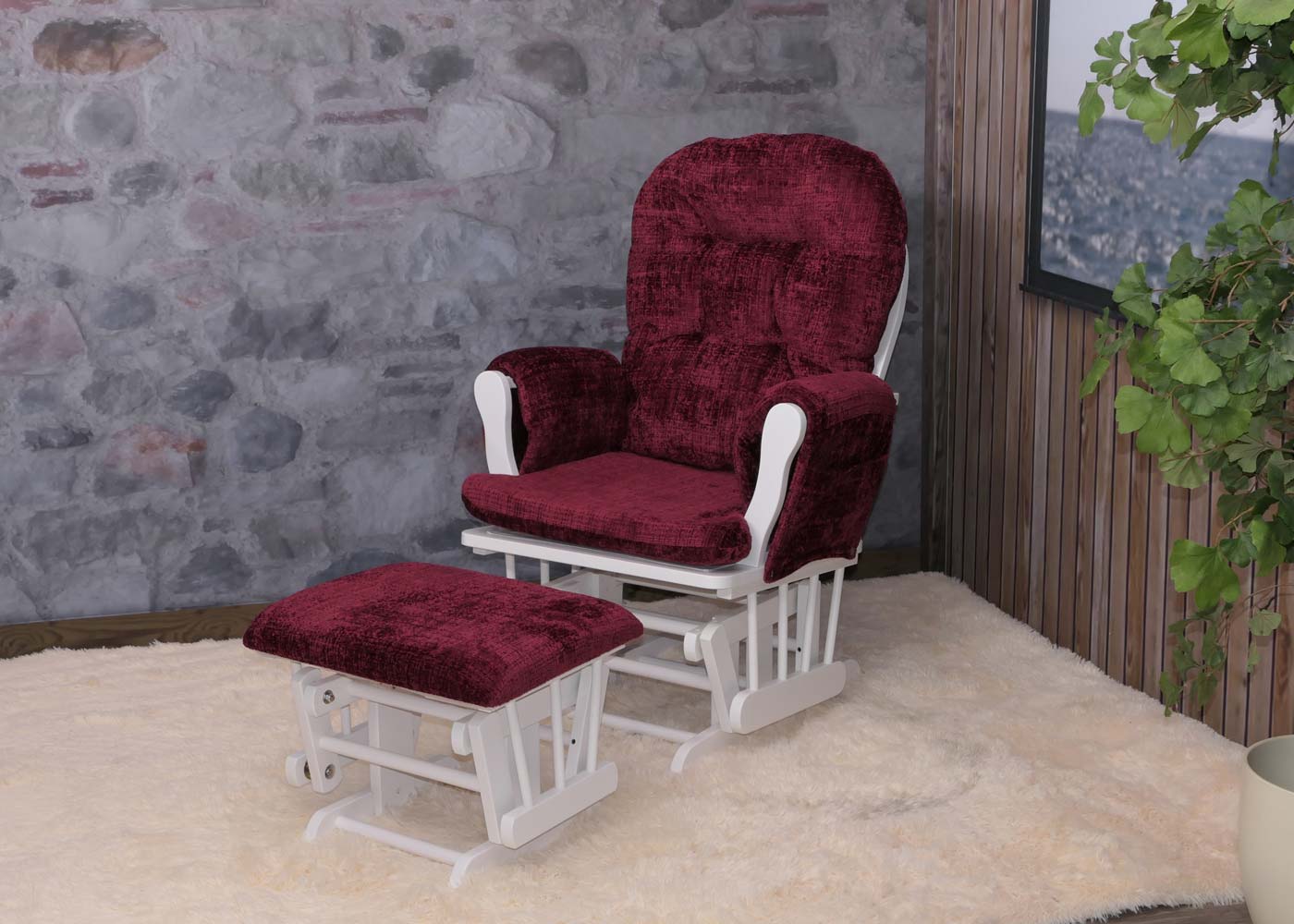 Cosmo Casa - Relaxstoel met Kruk - Schommelstoel - Chenille Stof - Bordeaux - Wit Frame