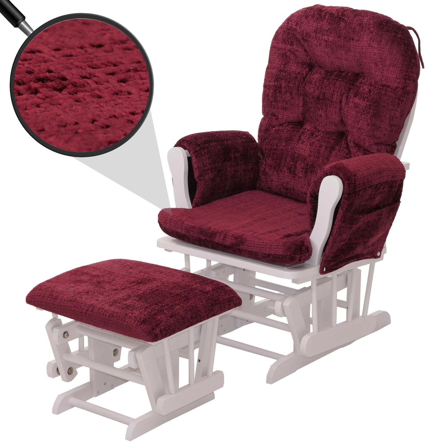 Cosmo Casa - Relaxstoel met Kruk - Schommelstoel - Chenille Stof - Bordeaux - Wit Frame