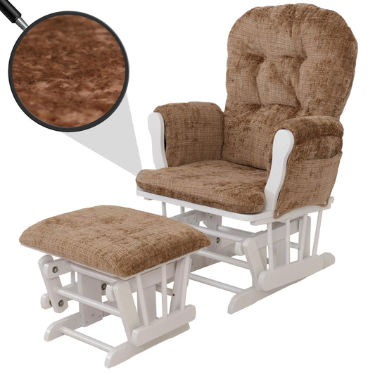 Cosmo Casa - Schommel Relaxstoel met Kruk - Chenille Bekleding - Lichtbruin - Wit Frame