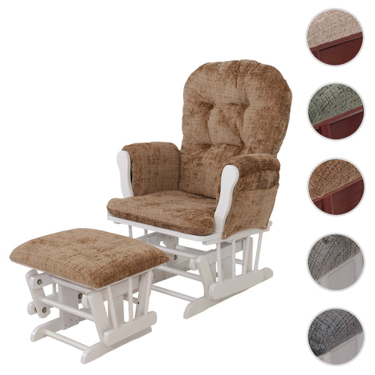 Cosmo Casa - Schommel Relaxstoel met Kruk - Chenille Bekleding - Lichtbruin - Wit Frame