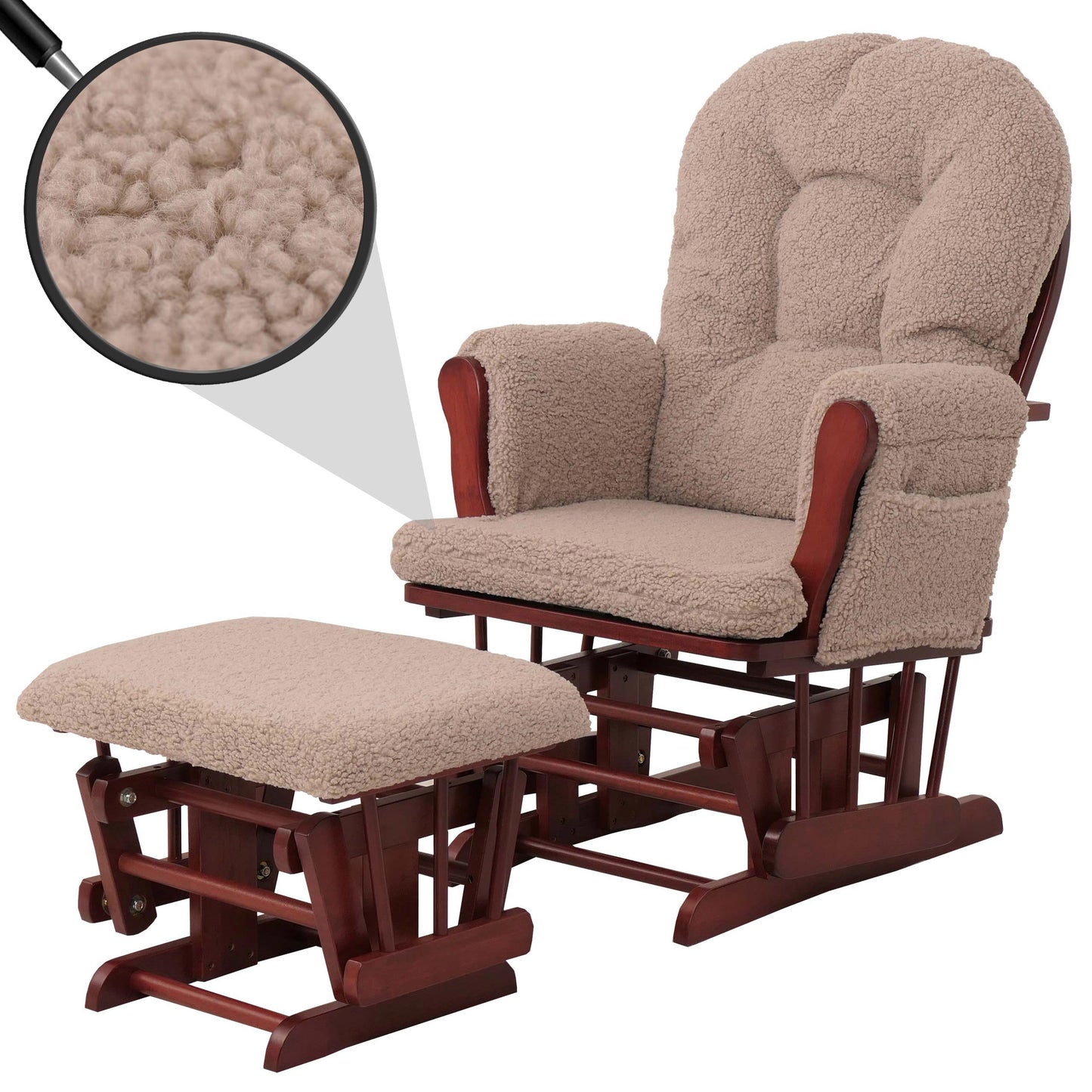 Cosmo Casa - Relax-Schommelstoel met Kruk - Bouclé Stof - Bruin - Donker Frame