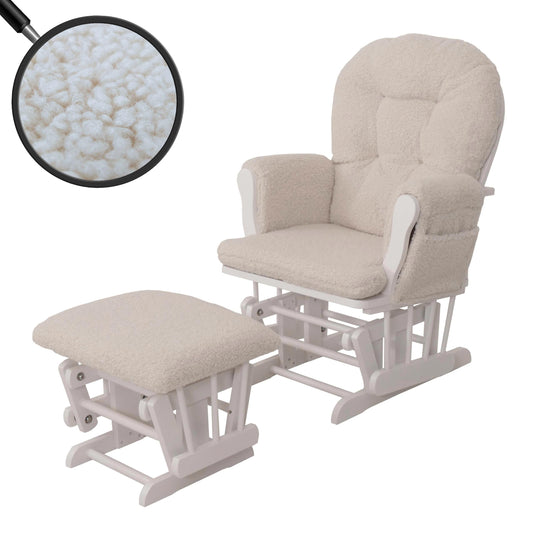 Cosmo Casa - Relax-Schommelstoel met Kruk - Bouclé Stof - Crème - Wit Frame