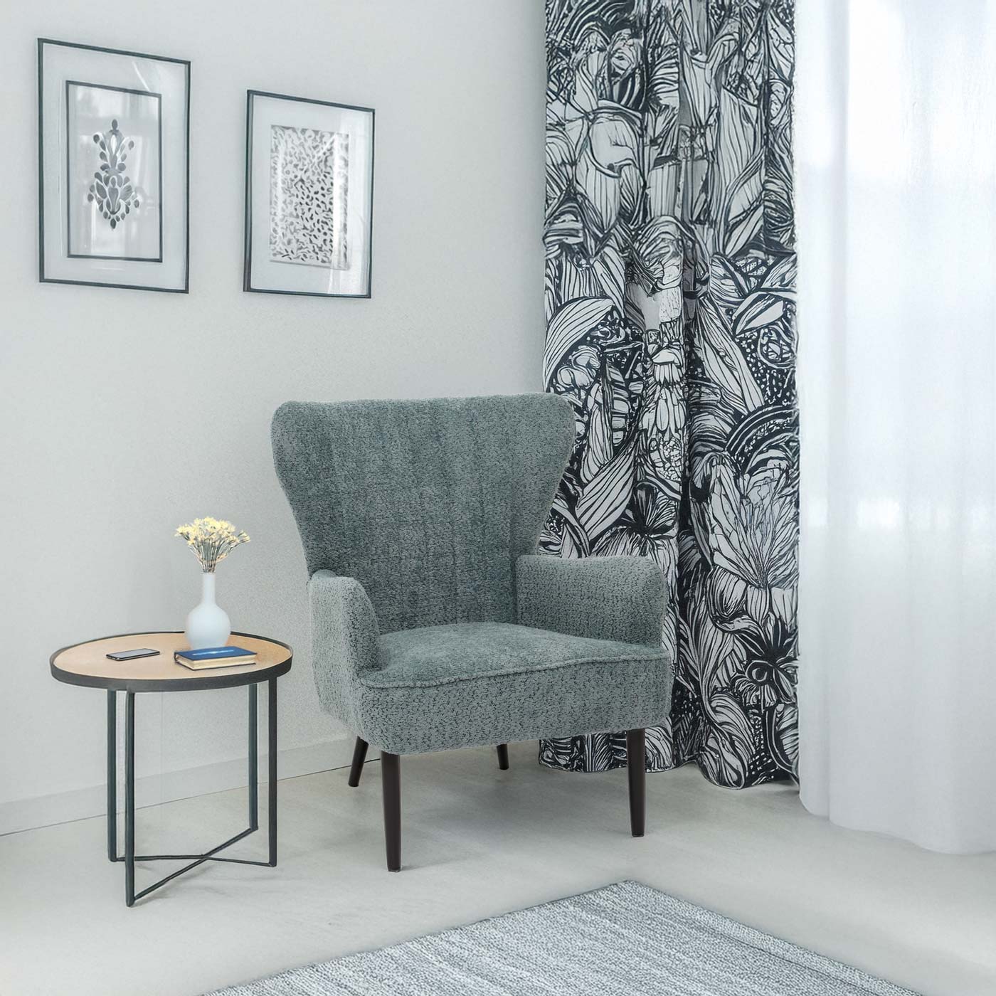 Cosmo Casa - Loungestoel - Cocktail-Vleugelfauteuil - Gestoffeerde Retro Vintage Stoel - Chenille Stof - 500gm - Blauwgroen