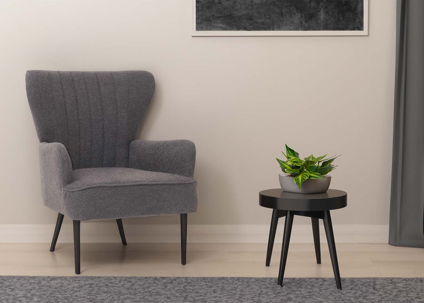 Cosmo Casa - Loungestoel - Cocktail-Vleugelfauteuil - Gestoffeerde Retro Vintage Stoel - Boucle Stof - 600gm - Donkergrijs