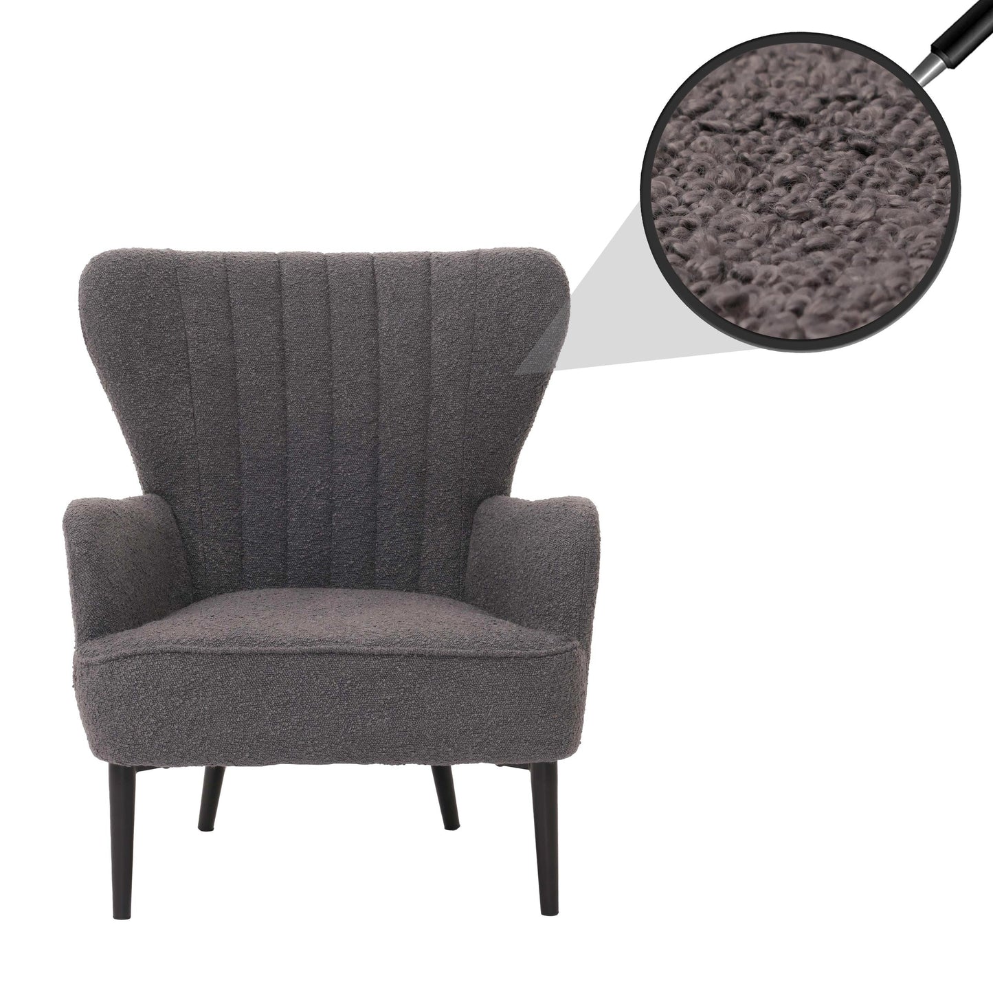 Cosmo Casa - Loungestoel - Cocktail-Vleugelfauteuil - Gestoffeerde Retro Vintage Stoel - Boucle Stof - 600gm - Donkergrijs