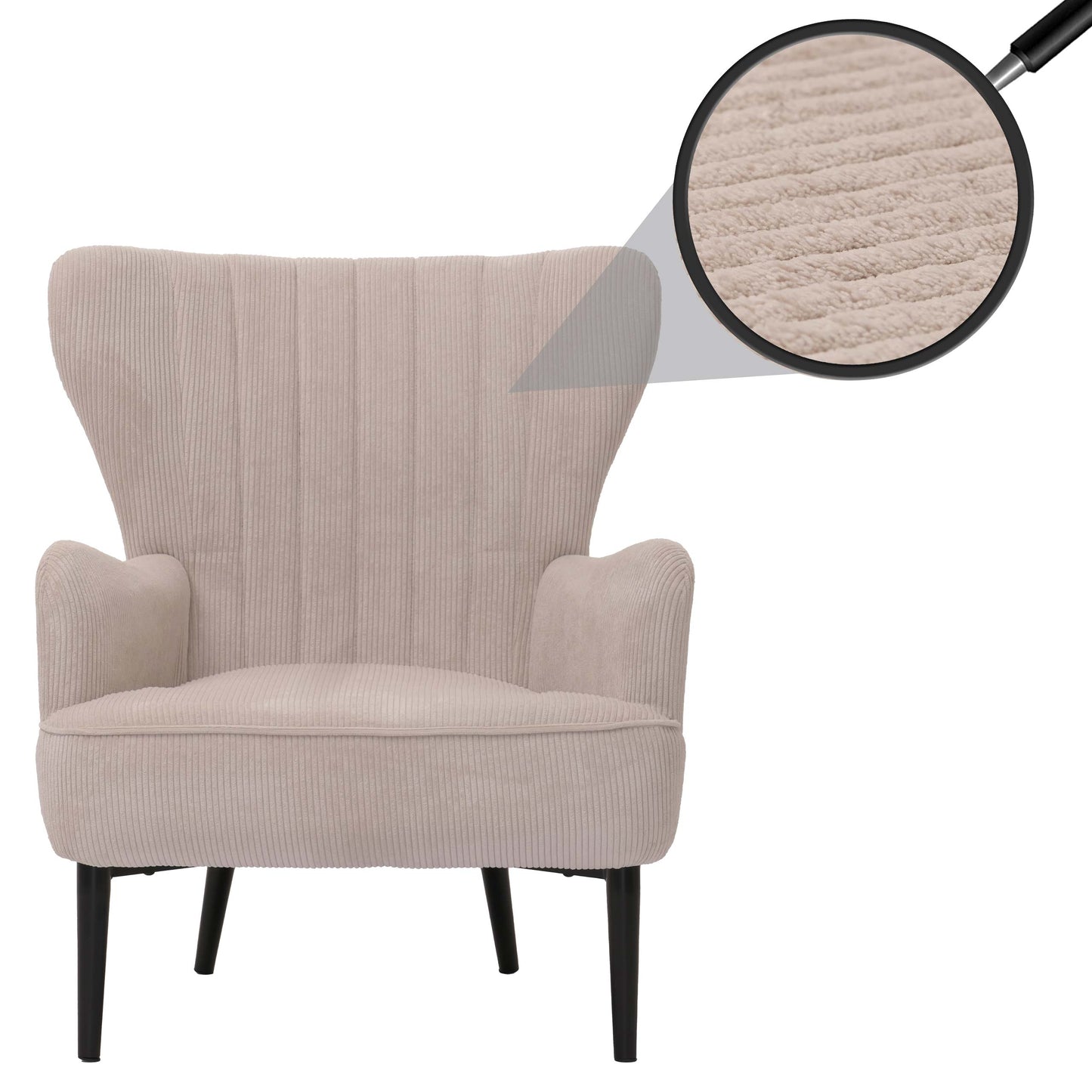 Cosmo Casa - Loungestoel - Cocktail-Vleugelfauteuil - Gestoffeerde Retro Vintage Stoel - Koord Stof - 290gm - Beige