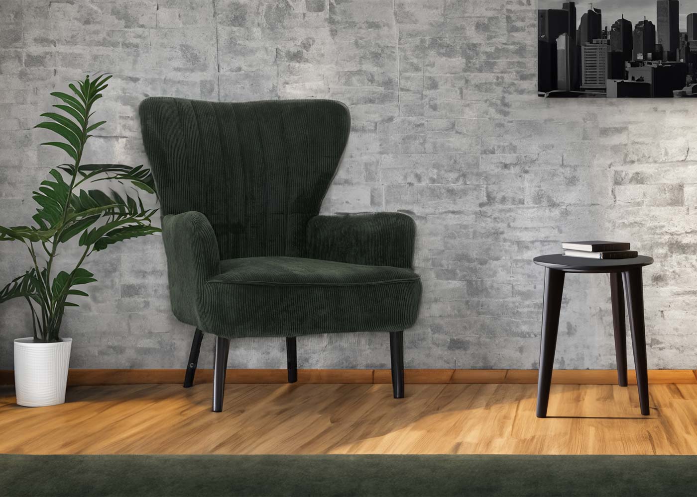 Cosmo Casa - Loungestoel - Cocktail-Vleugelfauteuil - Gestoffeerde Retro Vintage Stoel - Koord Stof - 290gm - Donkergroen