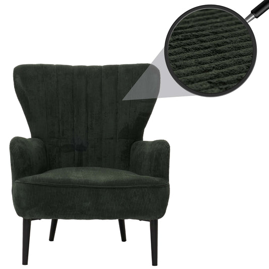 Cosmo Casa - Loungestoel - Cocktail-Vleugelfauteuil - Gestoffeerde Retro Vintage Stoel - Koord Stof - 290gm - Donkergroen