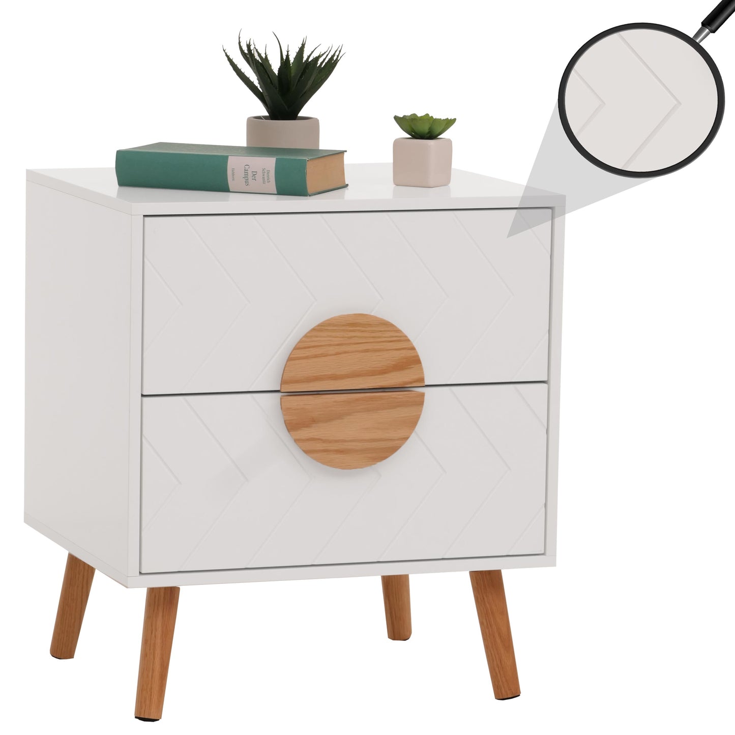 Cosmo Casa - Nachtkastje - Ladekast - Bijzettafel - Nachtkastje - Visgraatpatroon - Melamine Hout - Wit - 55x48x40cm