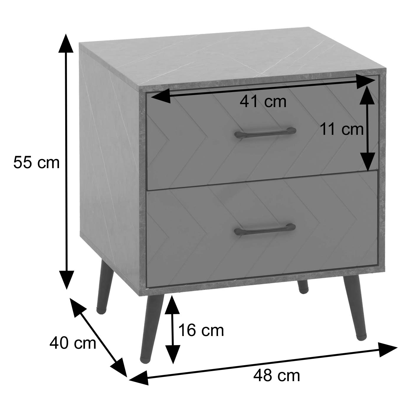 Cosmo Casa - Nachtkastje - Bijzettafel - Nachtkastje - Visgraatpatroon - Melamine Hout - Marmerlook - Grijs - 55x48x40cm