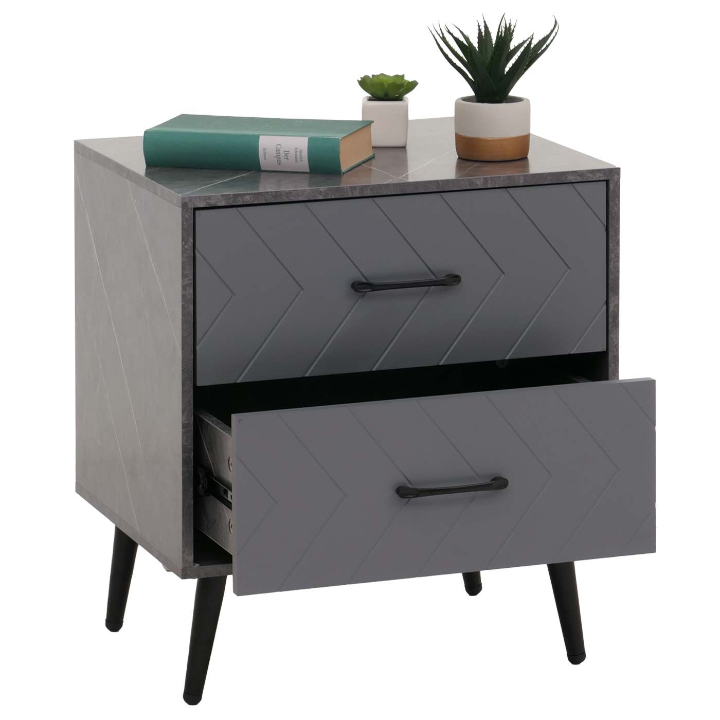 Cosmo Casa - Nachtkastje - Bijzettafel - Nachtkastje - Visgraatpatroon - Melamine Hout - Marmerlook - Grijs - 55x48x40cm