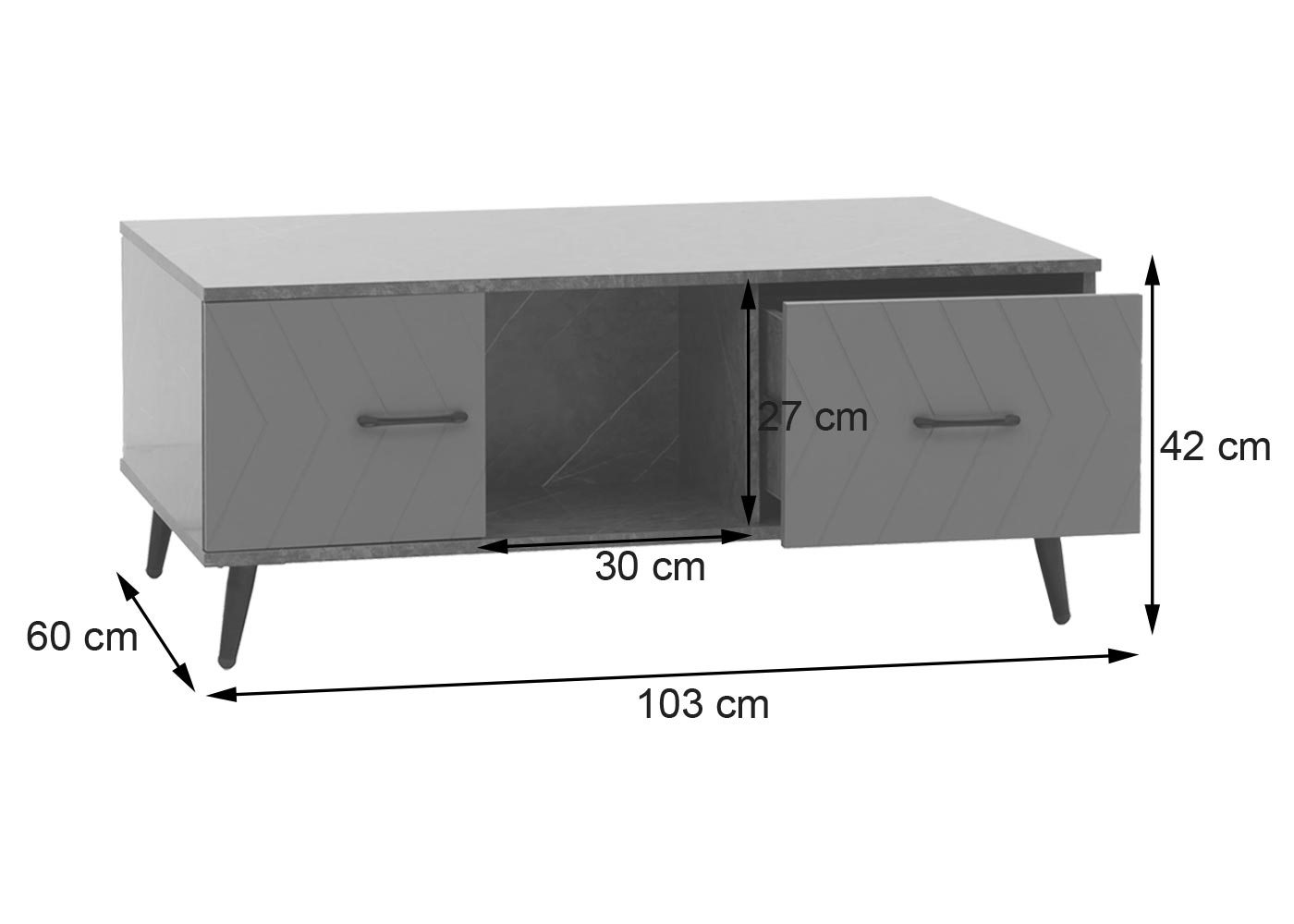 Cosmo Casa - Salontafel - Salontafel - Laden - Deuren - Vakken - Visgraatpatroon - Melamine Hout - Marmerlook - Grijs - 42x103x60cm
