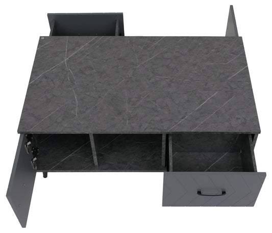 Cosmo Casa - Salontafel - Salontafel - Laden - Deuren - Vakken - Visgraatpatroon - Melamine Hout - Marmerlook - Grijs - 42x103x60cm