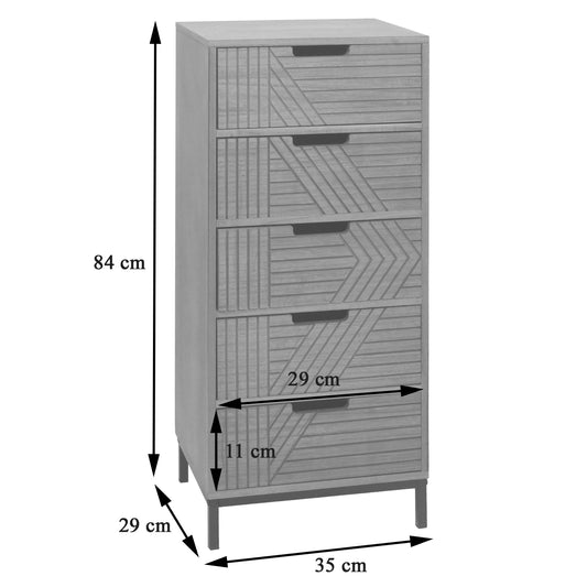 Cosmo Casa - Ladenkast - 3D-Design - 5 Laden - Hout en Metaal - 84x35x29cm - Grijsbruin