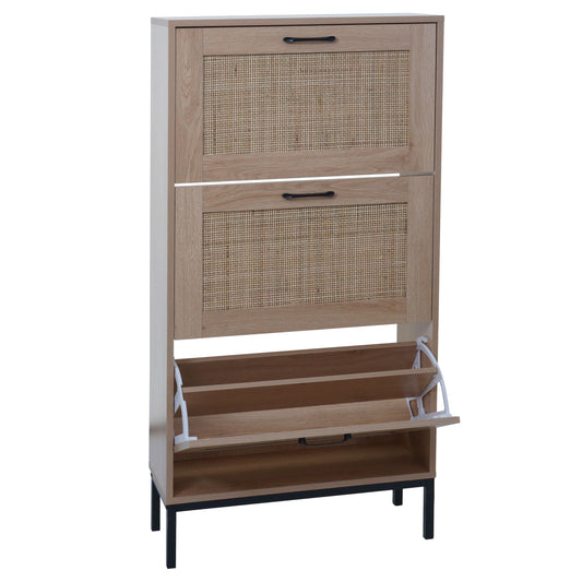 Cosmo Casa - Schoenenkast - 3 Vakken - Rotan Front - Melamine - 126x63x24cm - Eikenlook