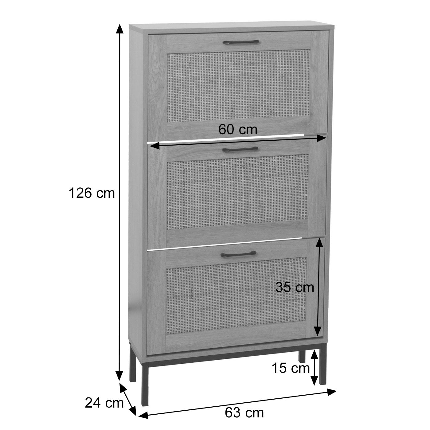 Cosmo Casa - Schoenenkast - 3 Vakken - Rotan Front - Melamine - 126x63x24cm - Eikenlook
