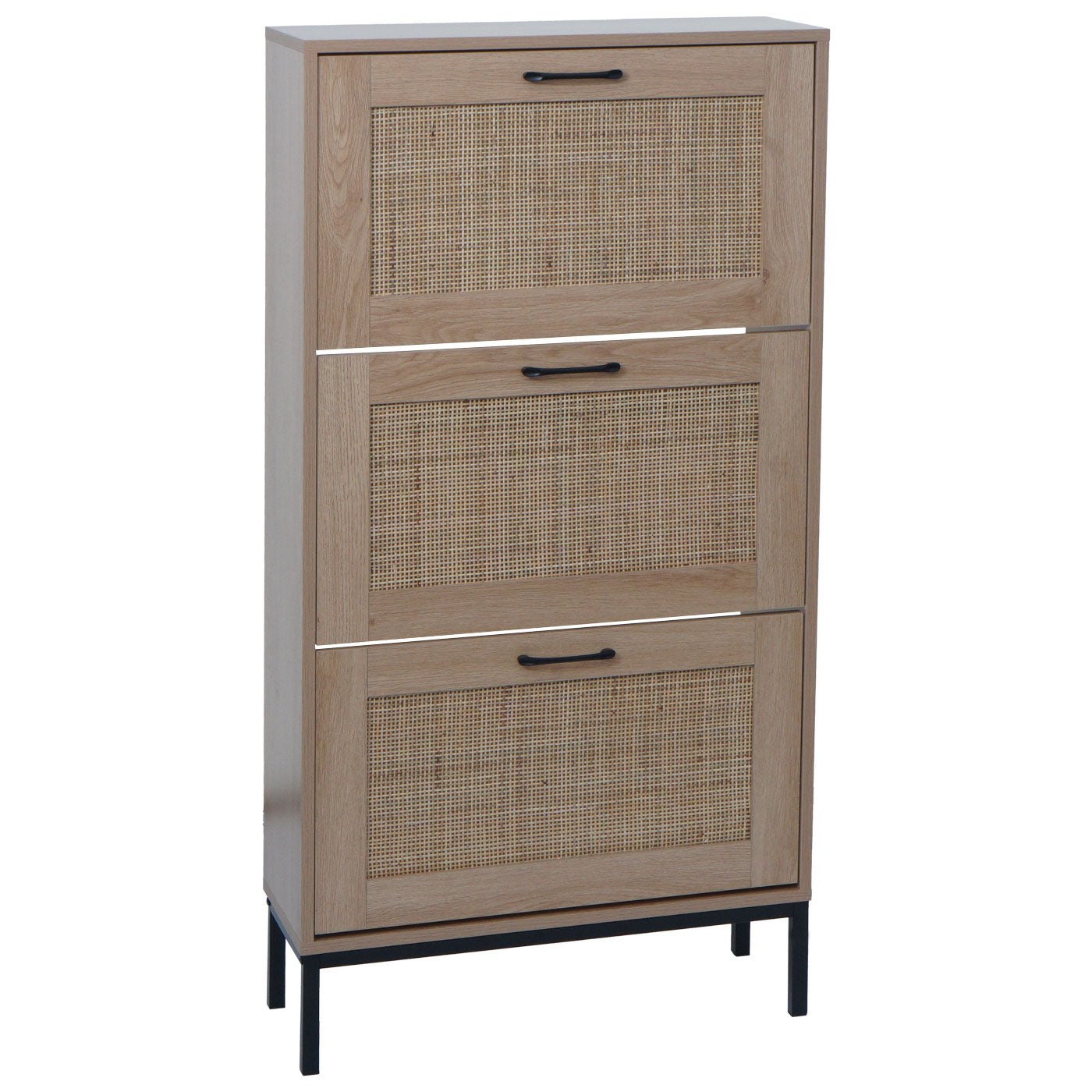 Cosmo Casa - Schoenenkast - 3 Vakken - Rotan Front - Melamine - 126x63x24cm - Eikenlook