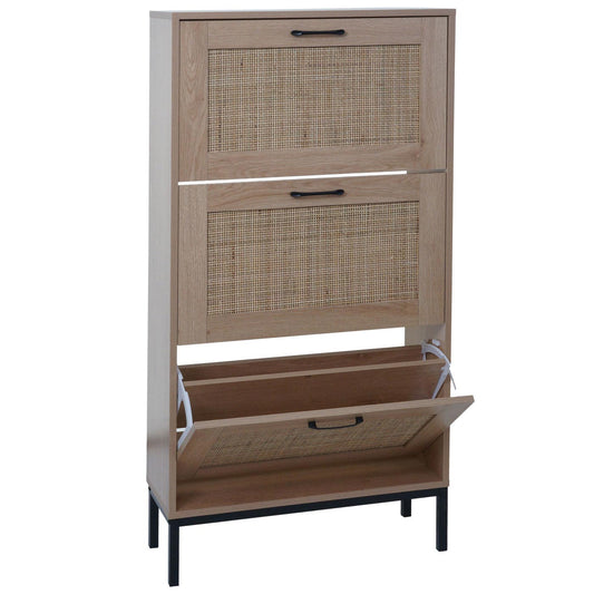 Cosmo Casa - Schoenenkast - 3 Vakken - Rotan Front - Melamine - 126x63x24cm - Eikenlook