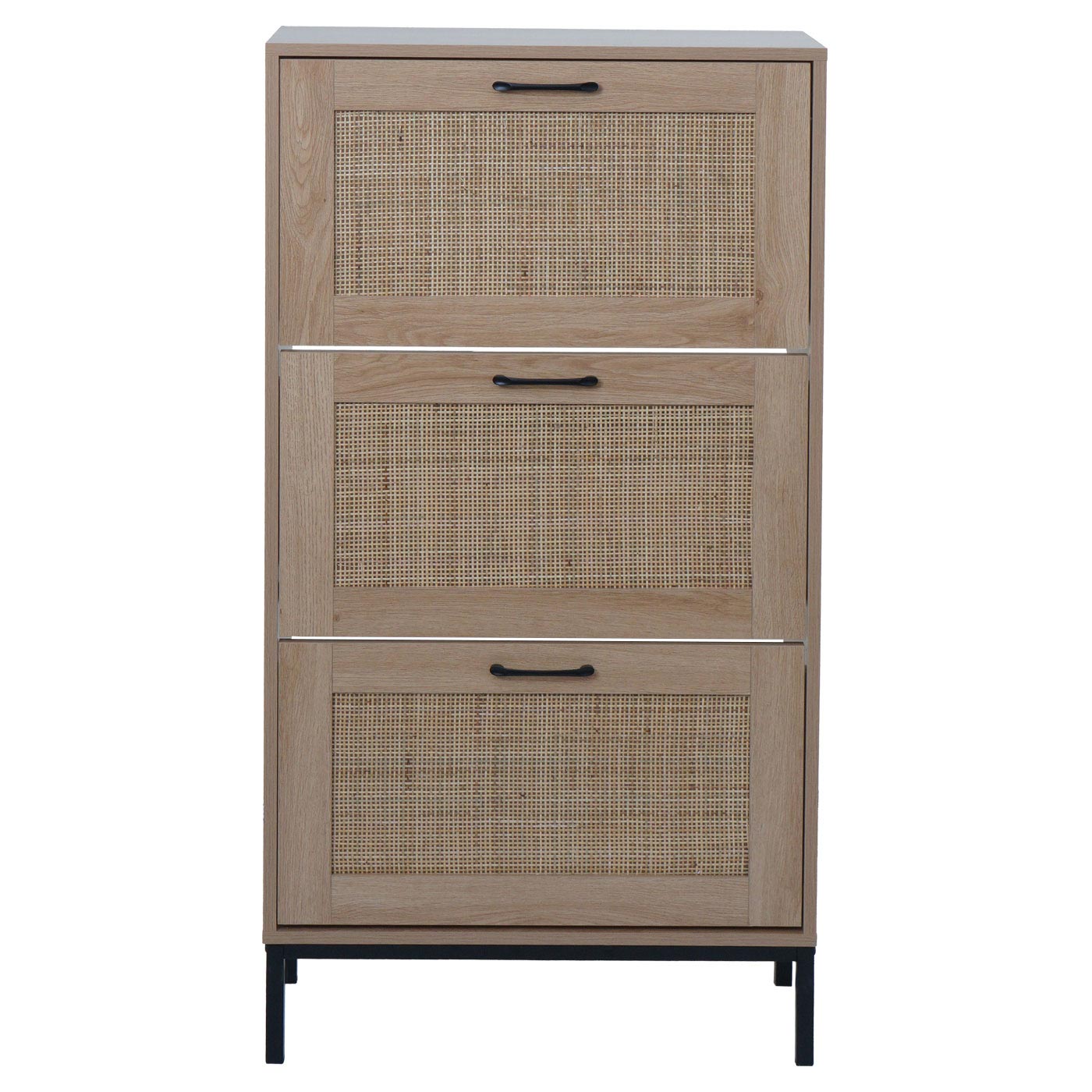 Cosmo Casa - Schoenenkast - 3 Vakken - Rotan Front - Melamine - 126x63x24cm - Eikenlook