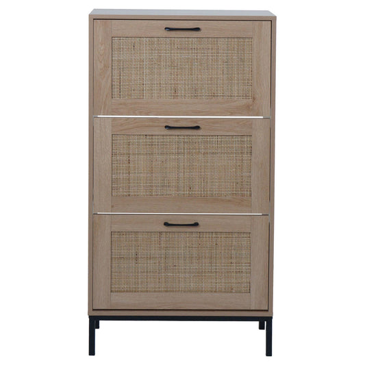Cosmo Casa - Schoenenkast - 3 Vakken - Rotan Front - Melamine - 126x63x24cm - Eikenlook