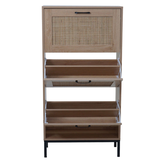 Cosmo Casa - Schoenenkast - 3 Vakken - Rotan Front - Melamine - 126x63x24cm - Eikenlook